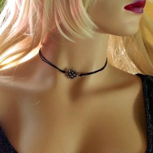Rhinestone Accent Knot Choker - Black Leather Cord - Picture 2 of 2